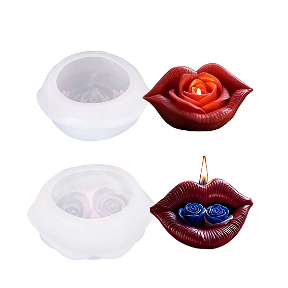 2Pcs 2 Styles Lip with Rose Flower Aromatherapy Candle Silicone Molds