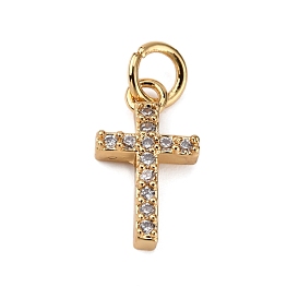 Brass Micro Pave Clear Cubic Zirconia Charms, with Jump Ring, Cross