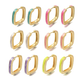 Rack Plating Square Brass Hoop Earrings, with Enamel, Long-Lasting Plated, Lead Free & Cadmium Free, Real 18K Gold Plated