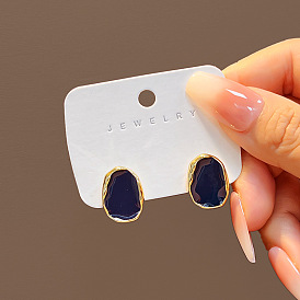 Geometric Navy Blue Drip Glaze Earrings with Retro Design and Minimalist Style for Women