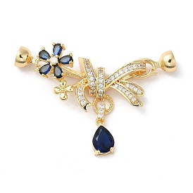 Rack Plating Brass Micro Pave Clear Cubic Zirconia Fold Over Clasps, with Blue Glass, Cadmium Free & Lead Free, Long-Lasting Plated, Flower
