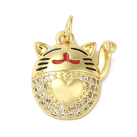 Rack Plating Brass Micro Pave Cubic Zirconia Pendants, Enamel Style, Cadmium Free & Lead Free, Long-Lasting Plated, Cat Shape, with Jump Ring