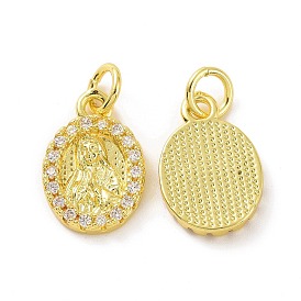 Brass Micro Pave Claer Cubic Zirconia Pendants, with Jump Ring, Oval with Saintess Charm