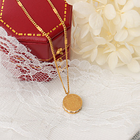 Zircon Pendant Necklace with Double-sided Round Pendant - Titanium Steel, 18k Gold