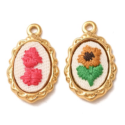 304 Stainless Steel & Cloth Embroidered Pendants, Scalloped Oval with Flower Charms, Ion Plating(IP), Long-Lasting Plated, Real 18K Gold Plated
