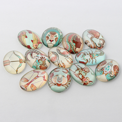 Colorful Flat Oval Constellation/Zodiac Sign Printed Glass Cabochons