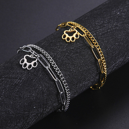 304 Браслеты из нержавеющей стали, состоящие из двух слоев: цепочки из скрепки и цепочки якорного плетения., браслеты с подвесками в виде лап для женщин