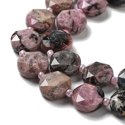 Natural Rhodonite Beads Strands, with Seed Beads, Faceted Hexagonal Cut, Flat Round