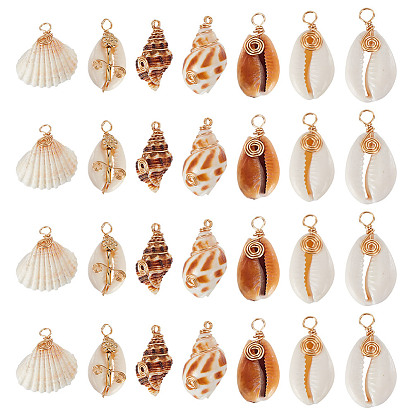 28шт 7 стили натуральные подвески из смешанных ракушек, Подвески в форме ракушек, обернутые медной проволокой, реальный 18 k позолоченный