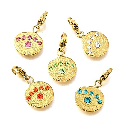 304 подвески из нержавеющей стали с микропаве из стразов, плоский круглый злой амулет, реальный 14 k позолоченный, ионное покрытие (ip)