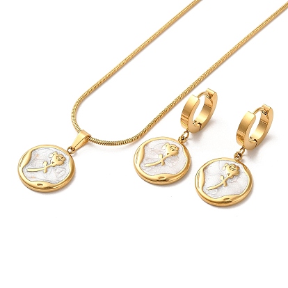 Flower Golden 304 Stainless Steel Jewelry Set with Enamel, Dangle Hoop Earrings and Pendant Necklace