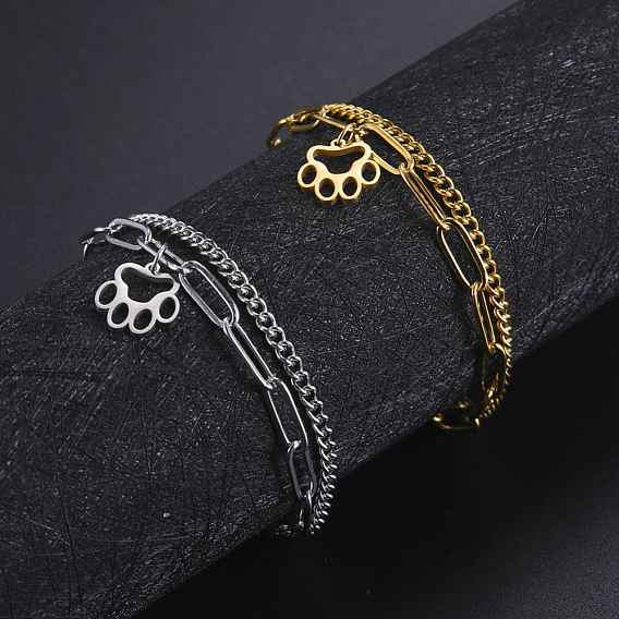 304 Браслеты из нержавеющей стали, состоящие из двух слоев: цепочки из скрепки и цепочки якорного плетения., браслеты с подвесками в виде лап для женщин