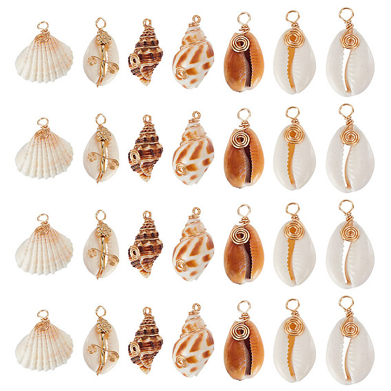 28шт 7 стили натуральные подвески из смешанных ракушек, Подвески в форме ракушек, обернутые медной проволокой, реальный 18 k позолоченный