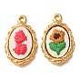 304 Stainless Steel & Cloth Embroidered Pendants, Scalloped Oval with Flower Charms, Ion Plating(IP), Long-Lasting Plated, Real 18K Gold Plated