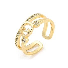 Letter Brass Micro Pave Clear Cubic Zirconia Open Cuff Rings, Long-Lasting Plated