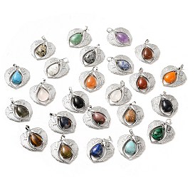 Gemstone Teardrop Pendants, Wing Charms, with Rack Plating Platinum Plated Brass Findings, Lead Free & Cadmium Free