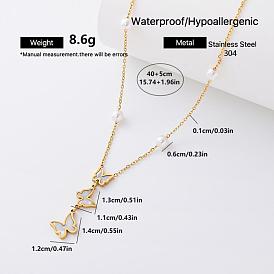 Fashion 304 Stainless Steel Resin Butterfly Pendant Necklaces for Women, with Imitation Pearl, White