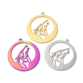Ion Plating(IP) 304 Stainless Steel Pendants, Flat Round with Wolf Charm