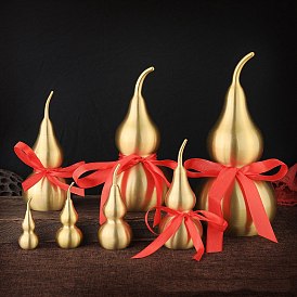 Brass Hollow Tilted Head Gourd Statue Ornament with Red Luck Strip, Feng Shui Table Home Decoration