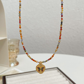 Colorful Zircon Beaded Butterfly Necklace - Minimalist, Shiny, Rainbow Collarbone Chain.