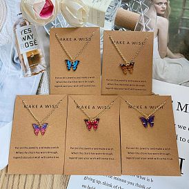 Colorful Butterfly Necklace with Tilted Yellow and Pink Butterflies on Paper Card