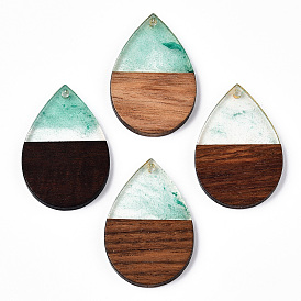 Transparent Resin & Walnut Wood Pendants, with Glitter Powder, Teardrop Charms