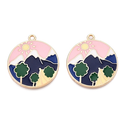 Стойки обшивки сплава эмали подвески, без кадмия, без никеля и без свинца, золотой свет, плоский круглый с пейзажным очарованием