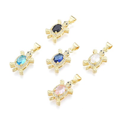 Brass Micro Pave Clear Cubic Zirconia Pendants, with Glass, Nickel Free, Real 18K Gold Plated, Tortoise