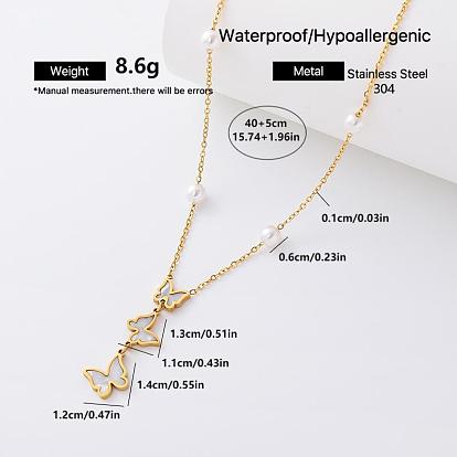 Fashion 304 Stainless Steel Resin Butterfly Pendant Necklaces for Women, with Imitation Pearl, White