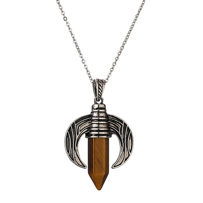 Retro Tiger Eye Agate Pendant Necklace with Moon Shape Hexagonal Prism, Fashionable Unisex Jewelry.
