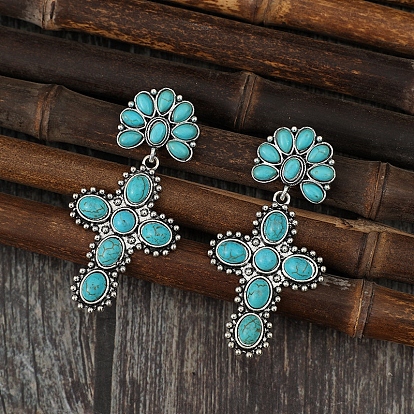 Synthetic Turquoise Cross Dangle Boho Stud Earrings, Zinc Alloy Drop Earrings
