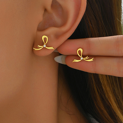 S925 Sterling Silver Ribbon Stud Earrings, with Imitation Pearl