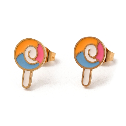 Ion Plating(IP) 304 Stainless Steel Stud Earrings with Colorful Enamel, Lollipop Shape