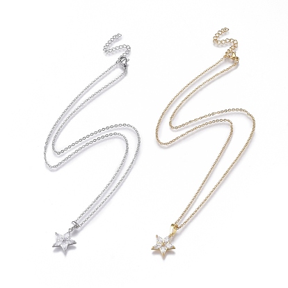 Brass Micro Pave Clear Cubic Zirconia Pendant Necklaces, with 304 Stainless Steel Cable Chains, Star