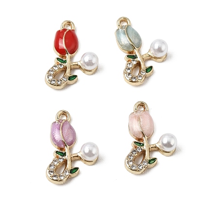 Alloy & Crystal Rhinestone Pendants, Flower Charms, with Enamel & Plastic Pearl, Golden