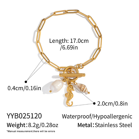 304 Браслеты из нержавеющей стали с подвесками в виде морского конька, натуральной ракушки и искусственного жемчуга для женщин