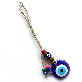 Handmade Lampwork Turkey Flat Round with Evil Eye Hanging Ornaments, Hemp Rope for Home Car Decorations