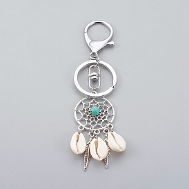 Cowrie Shell Keychain, with Tibetan Style Alloy Findings, Synthetic Turquoise Beads, Alloy Key Clasps