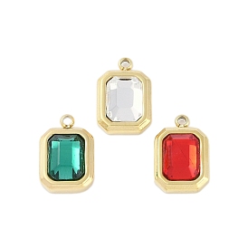 Glass Pendants, with Ion Plating(IP) 304 Stainless Steel Findings, Manual Polishing, Real 18K Gold Plated, Rectangle Charms