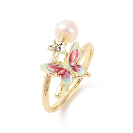 Round Natural Freshwater Pearl Finger Ring for Women, Butterfly Brass Enamel & Rhinestone Open Cuff Ring