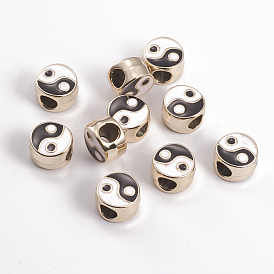 Alloy Enamel European Beads, Large Hole Beads, Flat Round with Yin Yang Pattern