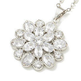 304 Stainless Steel Cable Chain Necklaces, Brass Clear Cubic Zirconia Flower Pendant Necklaces