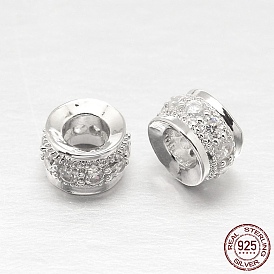 925 sterling zircone cubique en argent perles européennes, colonne, 7x4mm, Trou: 4mm