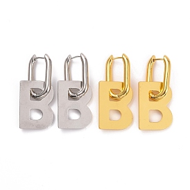 Initial Brass Dangle Hoop Earrings, Letter B Drop Earrings for Women