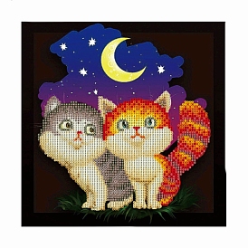 DIY Square Cat Theme Diamond Painting Kits, Including Canvas, Resin Rhinestones, Diamond Sticky Pen, Tray Plate and Glue Clay, Couple Cats with Moon