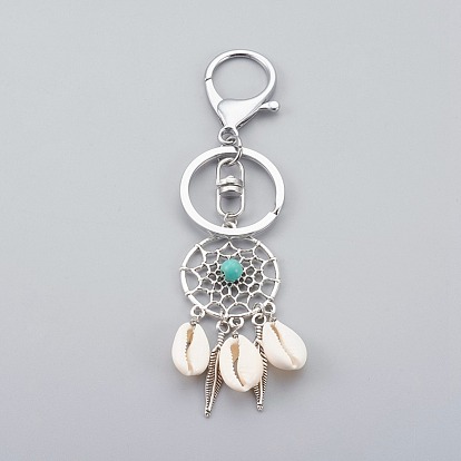 Cowrie Shell Keychain, with Tibetan Style Alloy Findings, Synthetic Turquoise Beads, Alloy Key Clasps