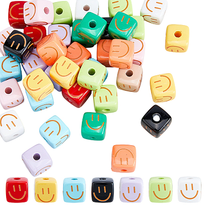 40шт. непрозрачные акриловые бусины, окрашенные методом запекания, куб с улыбающимся лицом