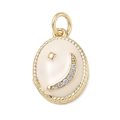 Brass Micro Pave Clear Cubic Zirconia Pendants, with White Enamel, Oval with Moon Charms