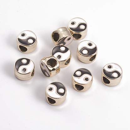 Alloy Enamel European Beads, Large Hole Beads, Flat Round with Yin Yang Pattern