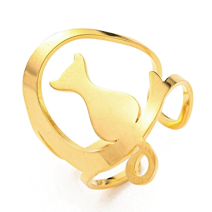 304 Stainless Steel Open Cuff Ring, Moon with Cat